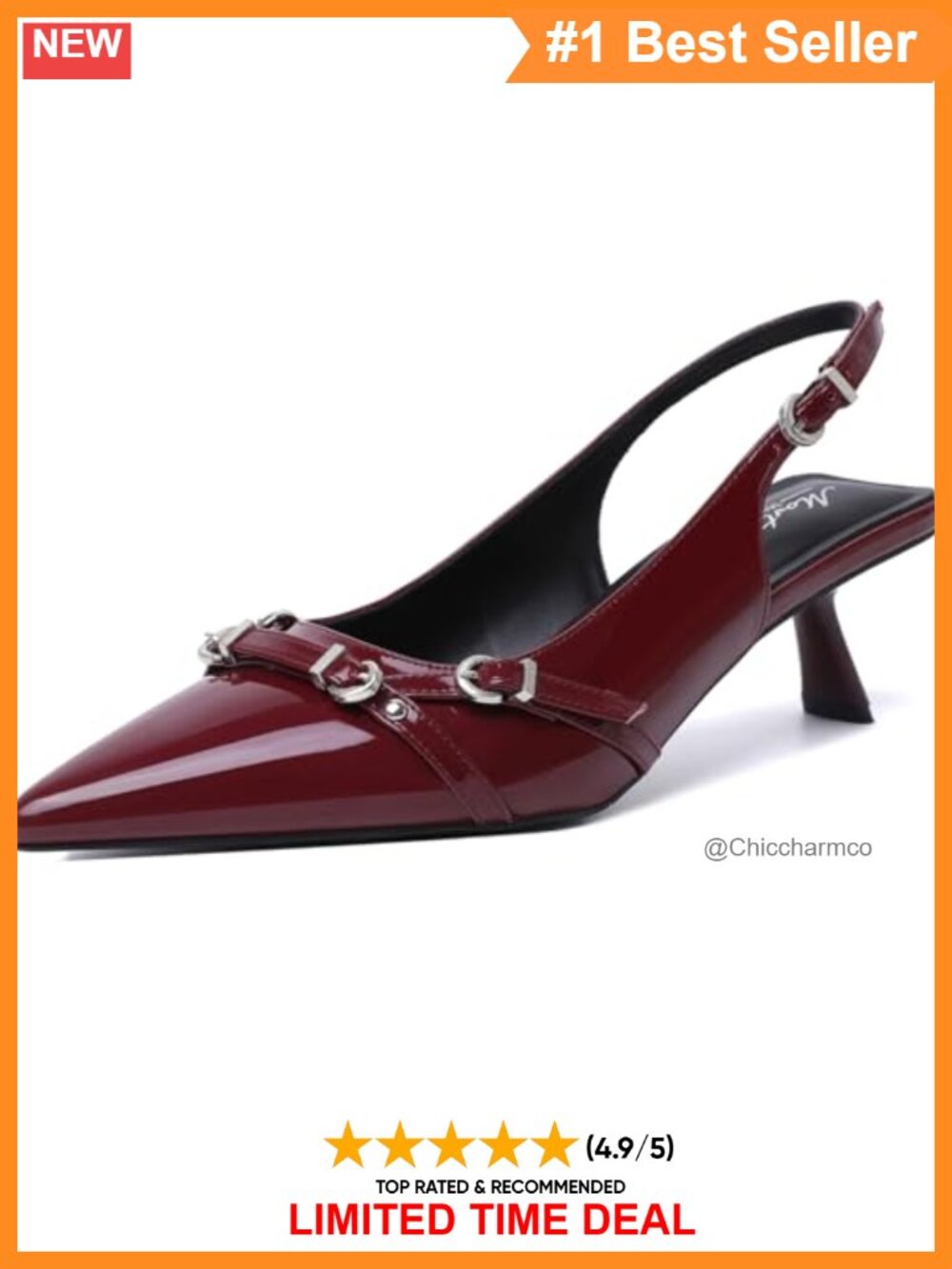 Womens Faux Leather Pointed Toe Kitten Heel Slingback Pumps Buckle Dress Shoes